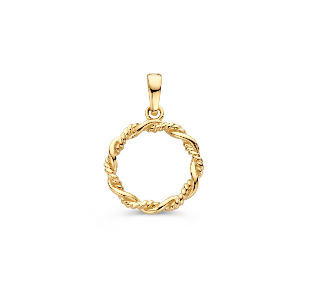 Colgante de oro amarillo de 14 quilates con diseño de banda trenzada en forma de círculo.