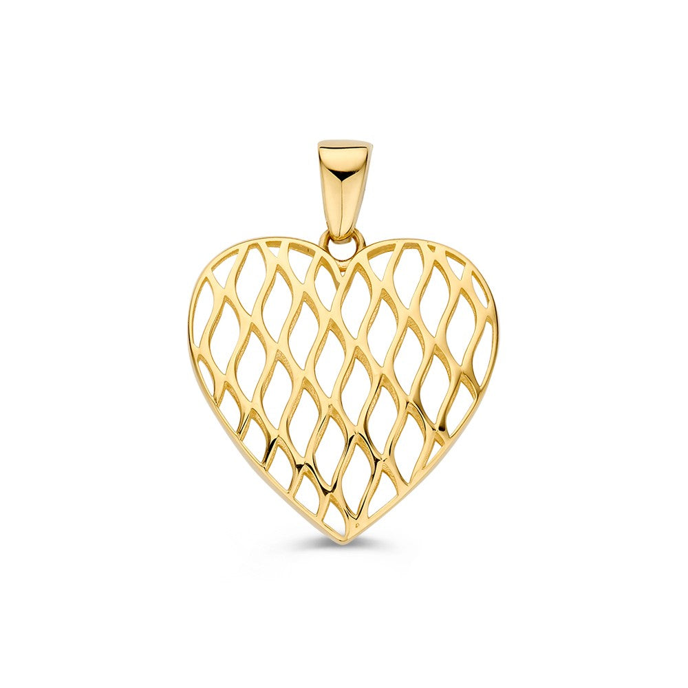 Colgante de corazón en oro amarillo con diseño de malla entrelazada.