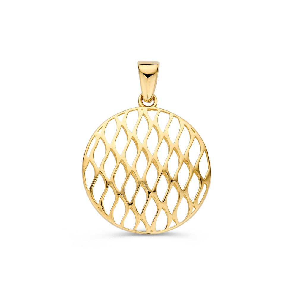 Colgante de oro amarillo con diseño de malla en forma de círculo.