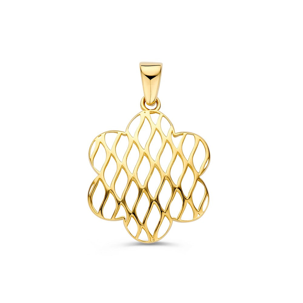 Colgante de oro amarillo con diseño de flor entrelazada.