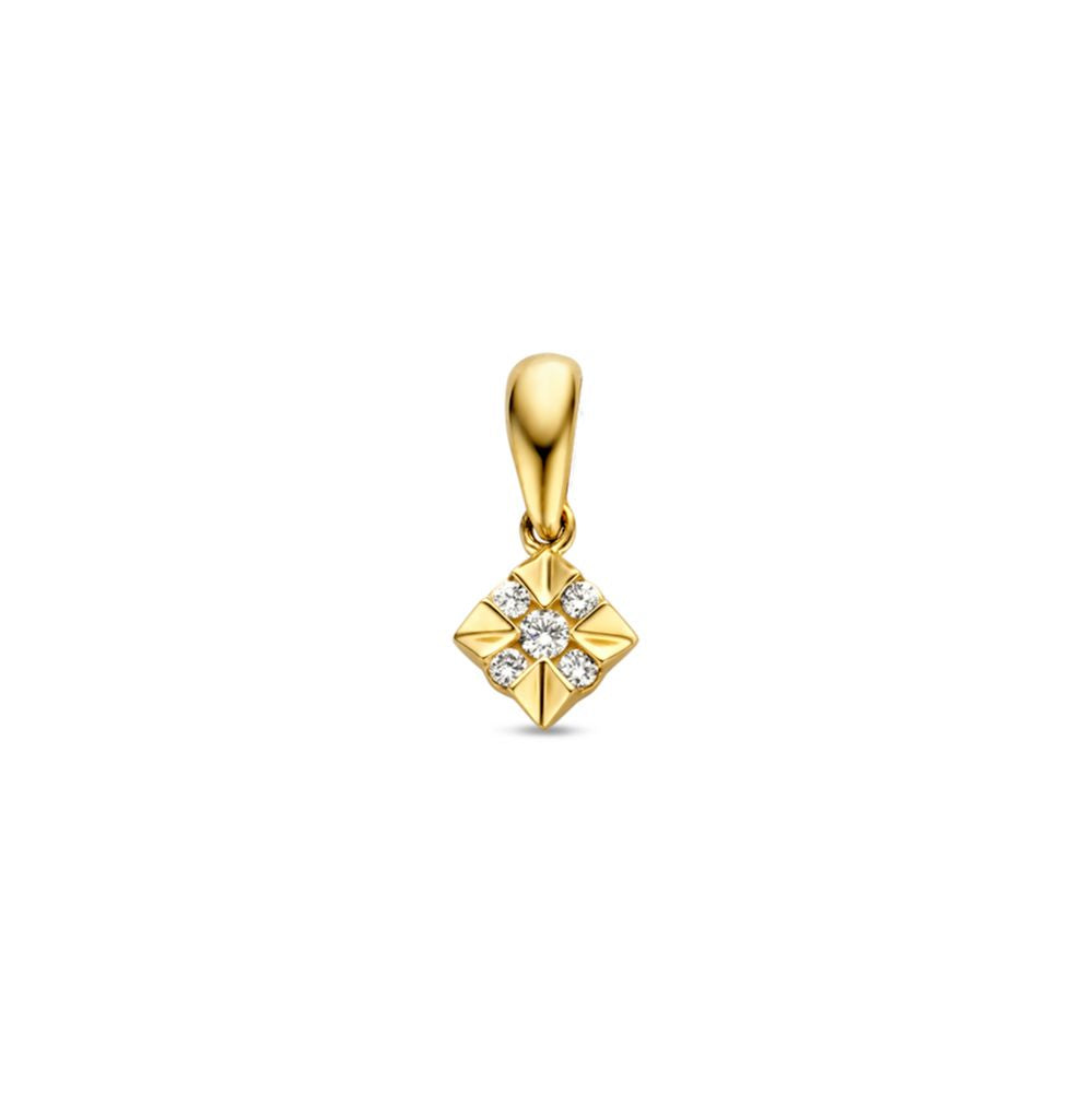 Colgante de oro amarillo con diamantes en forma de rombo, con un diseño sutil y elegante.