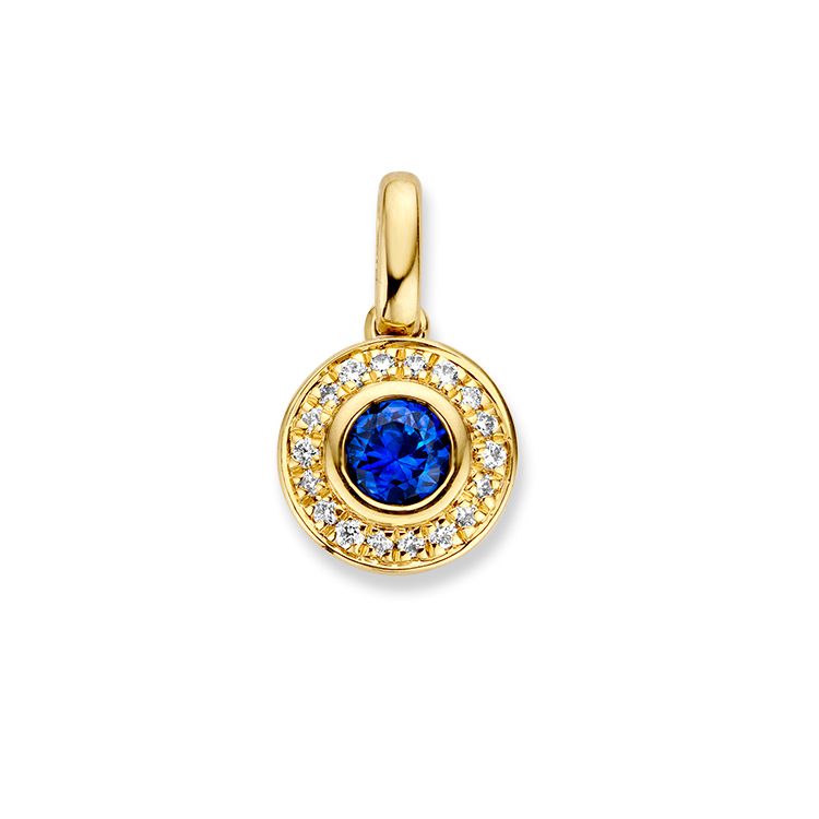 Colgante de oro amarillo de 14 quilates con zafiro brillante en el centro y diamantes alrededor.