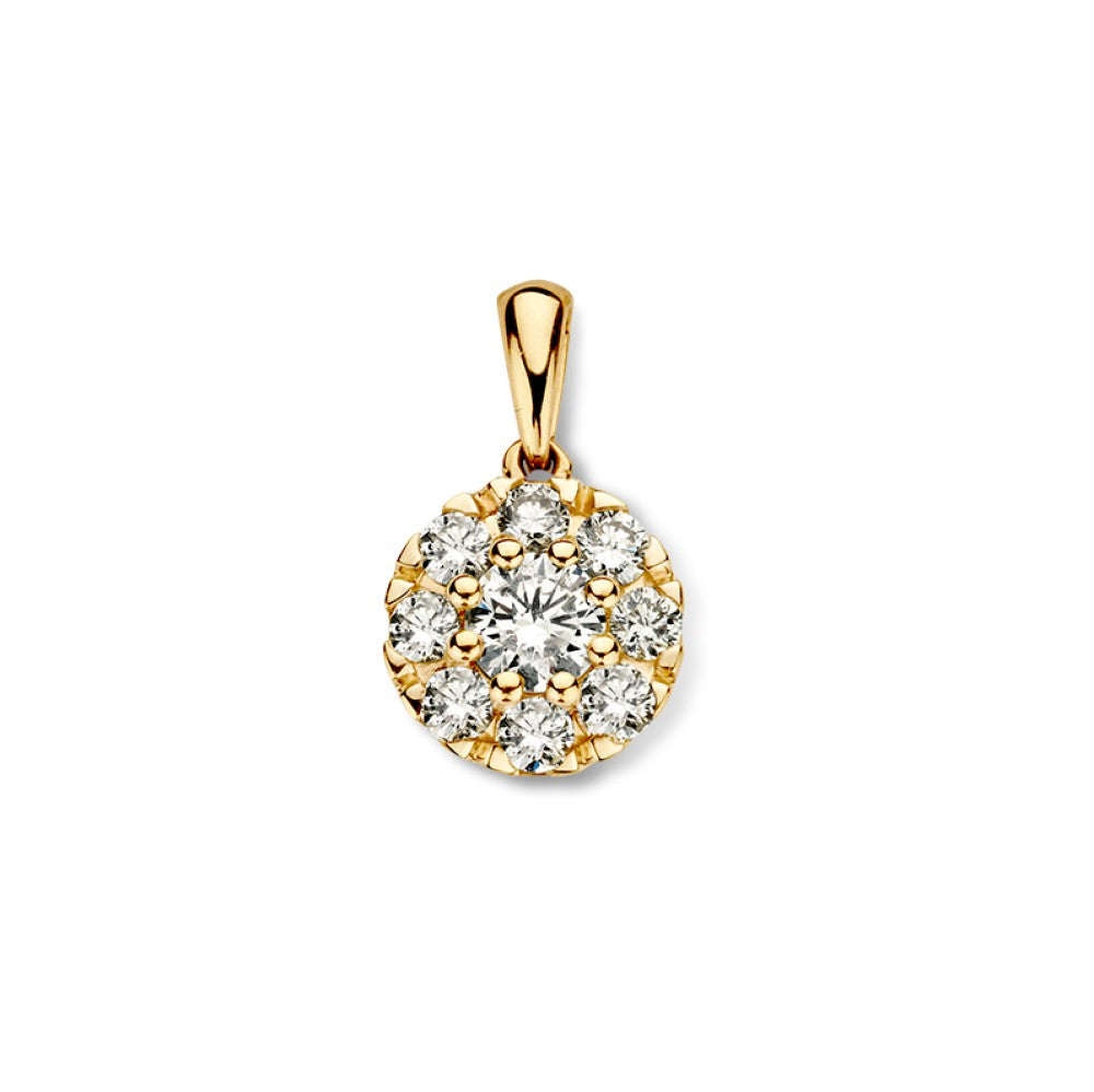 Colgante de oro amarillo clásico con diamantes de 0,40 ct, forma redonda y diseño elegante.