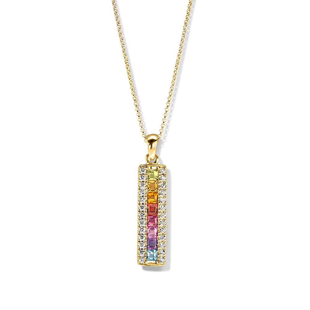 Colgante de oro amarillo con piedras de colores alegres y diamantes.