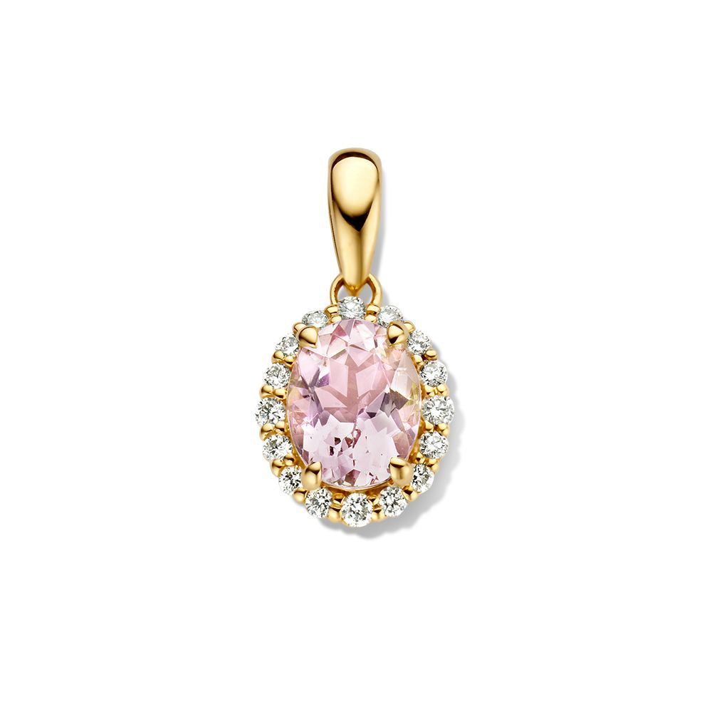 Colgante de oro amarillo con morganita ovalada y diamantes alrededor.