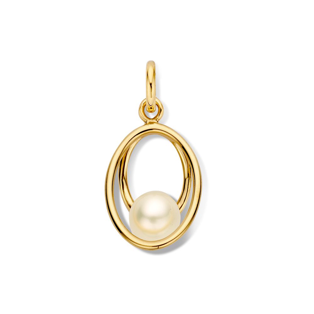 Colgante dorado refinado con perla de agua dulce en forma ovalada.