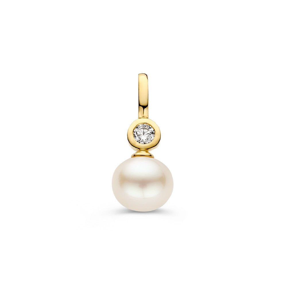 Colgante de oro amarillo de 14K con zirconia y perla, forma redonda y diseño elegante.