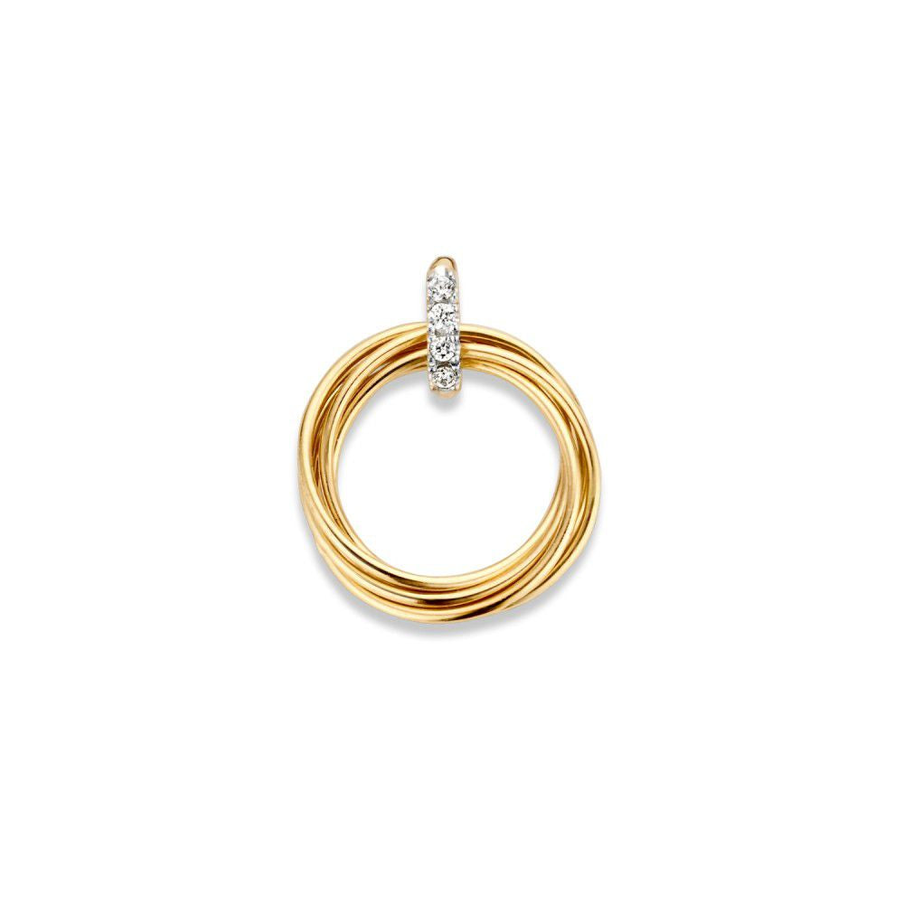 Colgante bicolor de oro con círculos móviles y zirconias, 14 quilates, 14 mm.
