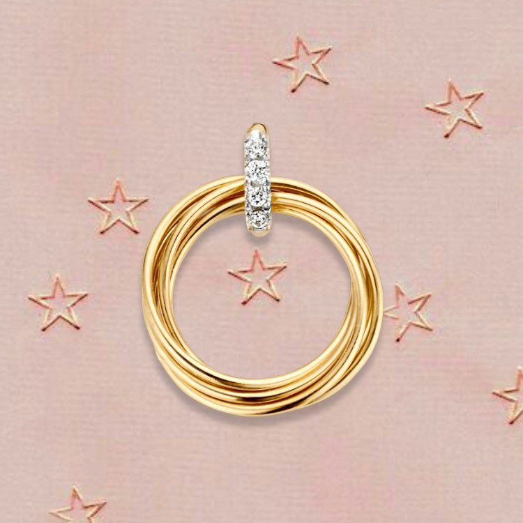 Colgante bicolor de oro con círculos móviles y circonitas – 14 quilates, 1,1 gramos, 14 mm