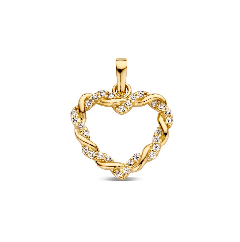 Colgante en forma de corazón de oro amarillo con banda trenzada y circonitas brillantes.