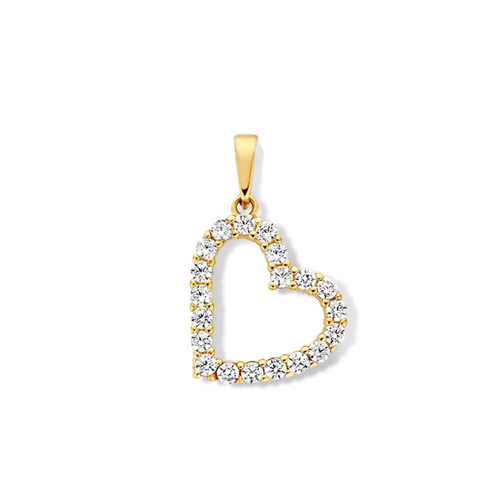 Colgante en forma de corazón de oro amarillo con circonitas brillantes.