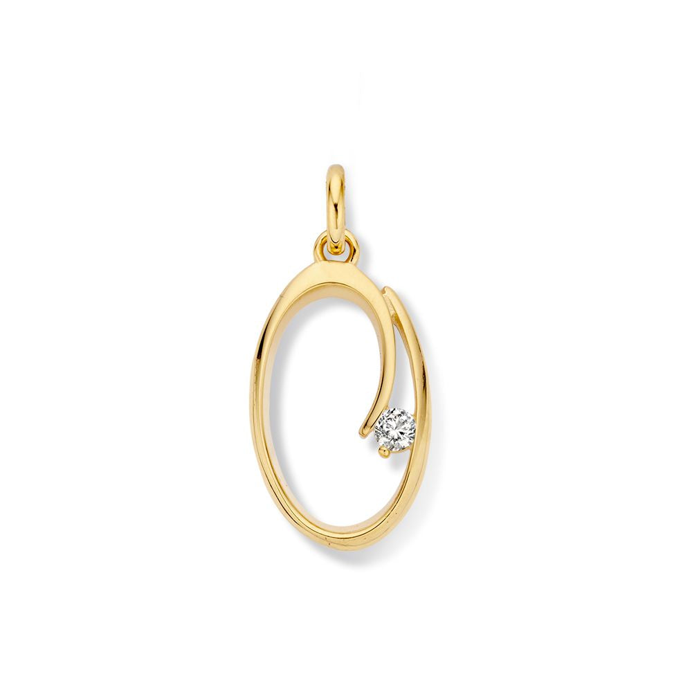 Colgante de oro amarillo de 14 quilates con zirconia, forma ovalada y detalle brillante.