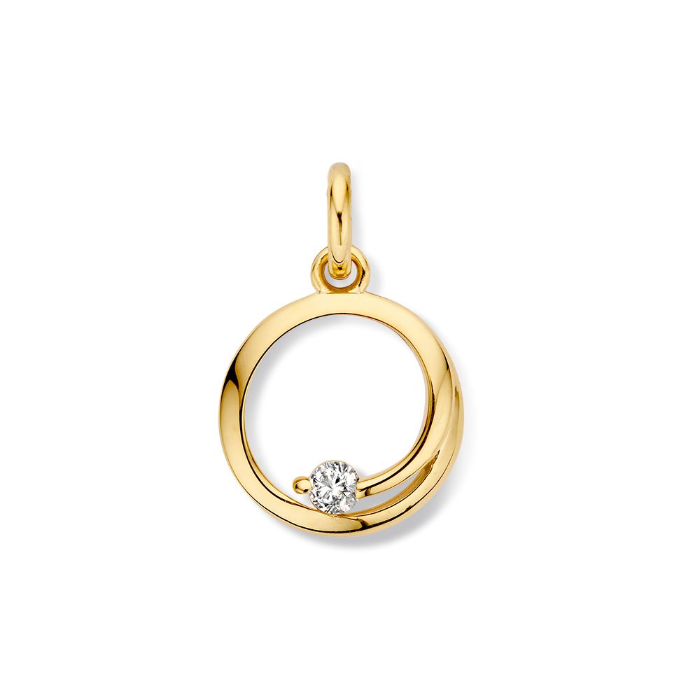 Colgante de oro amarillo de 14 quilates con circonita, forma circular y detalle brillante.