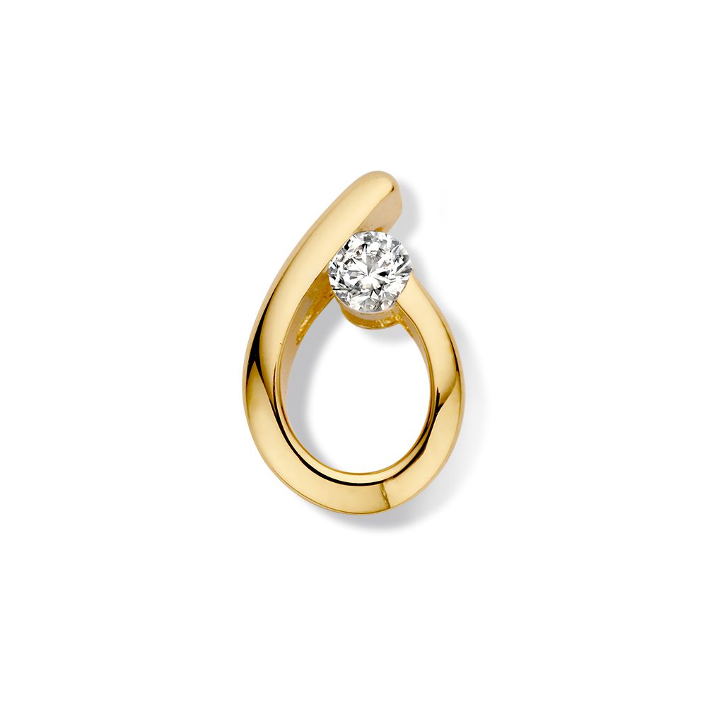 Colgante de oro amarillo con circonita, forma curva y brillante, mide 13 mm x 8,5 mm.