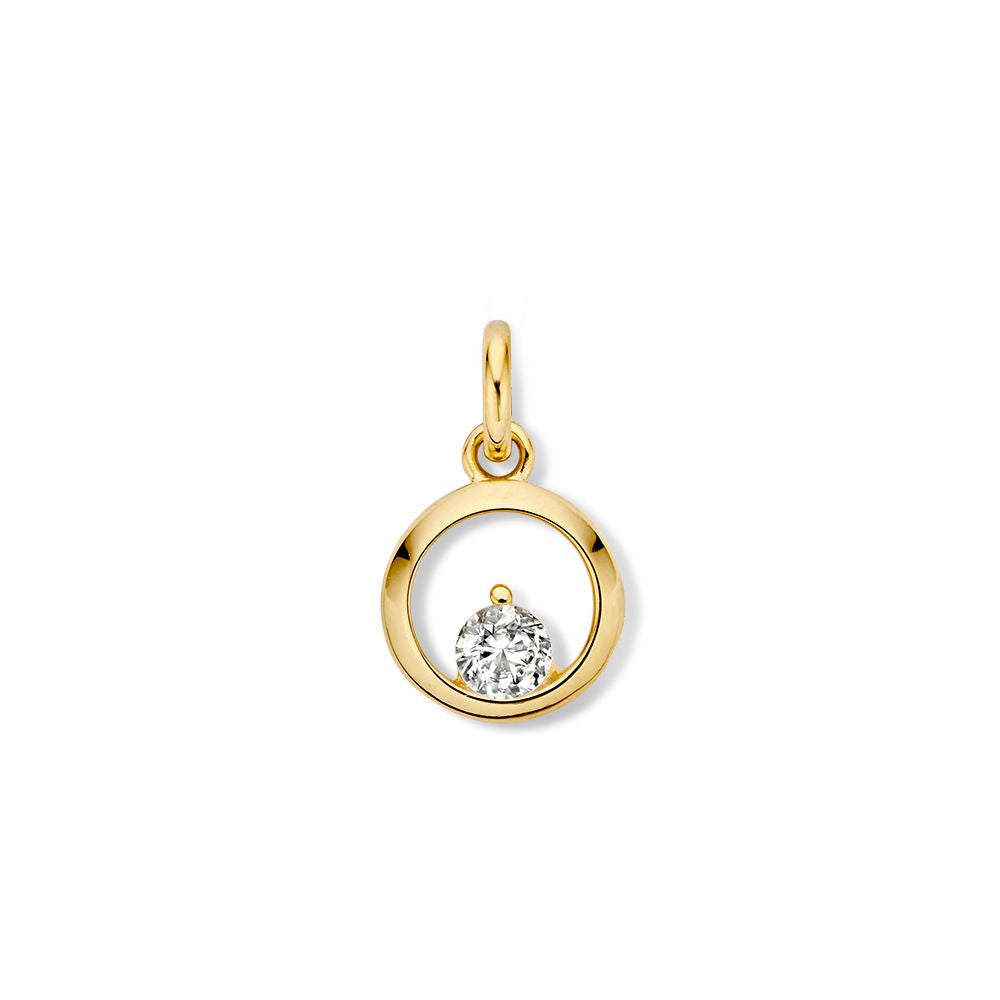 Colgante de oro amarillo de 14 quilates con circonita en engaste abierto, diámetro de 10 mm.