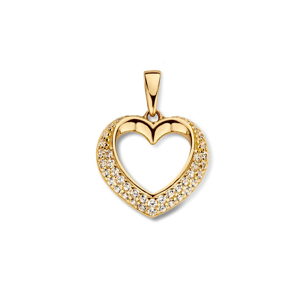 Colgante de corazón dorado con diseño de bola, decorado con circonitas, de 14 quilates.