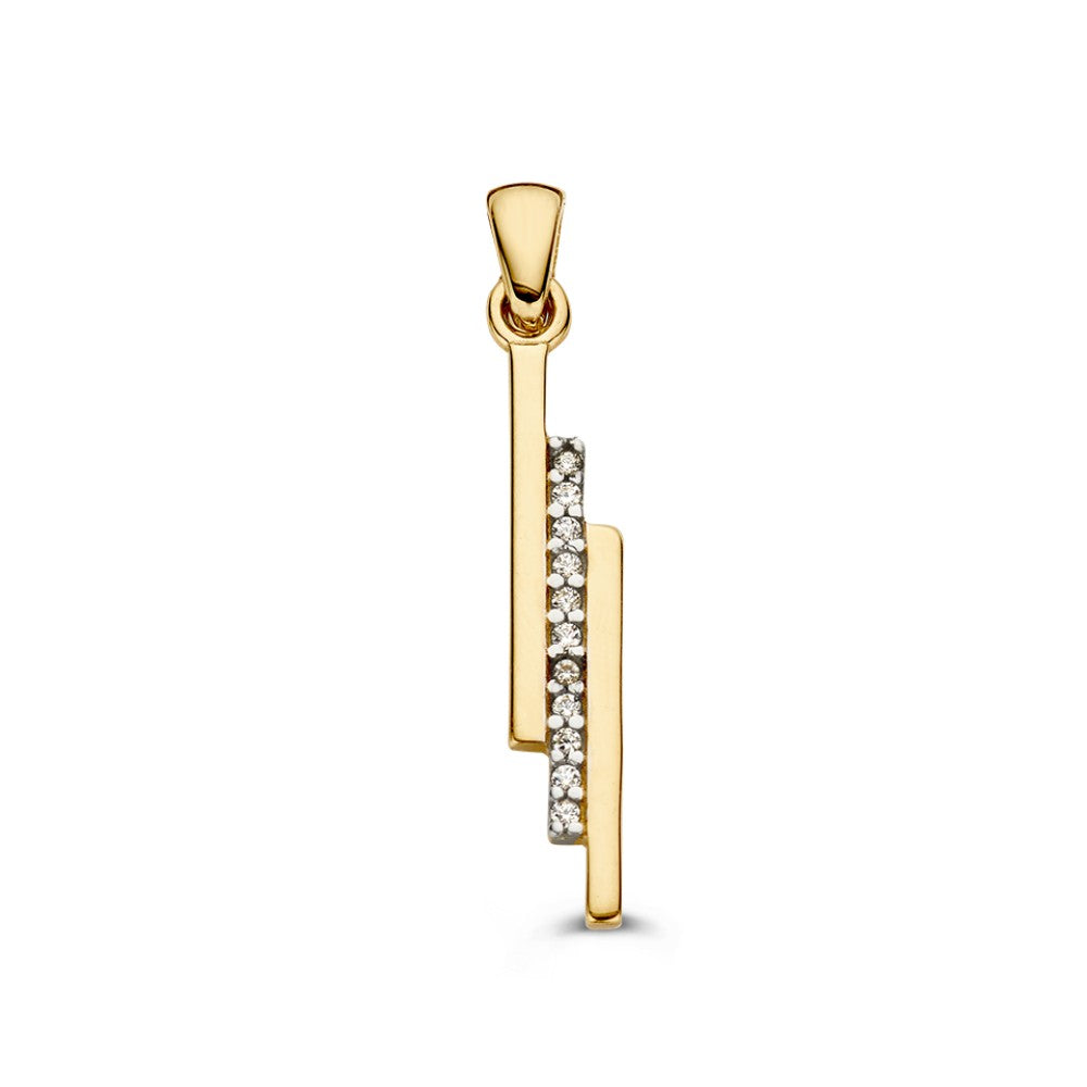 Colgante de oro amarillo con diseño moderno, adornado con circonitas, de 30 mm.