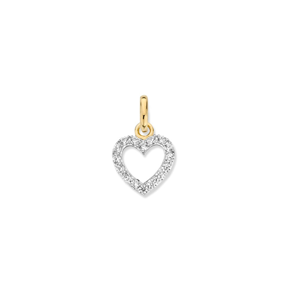 Colgante en forma de corazón bicolor de oro blanco y amarillo con circonitas, 10 mm.