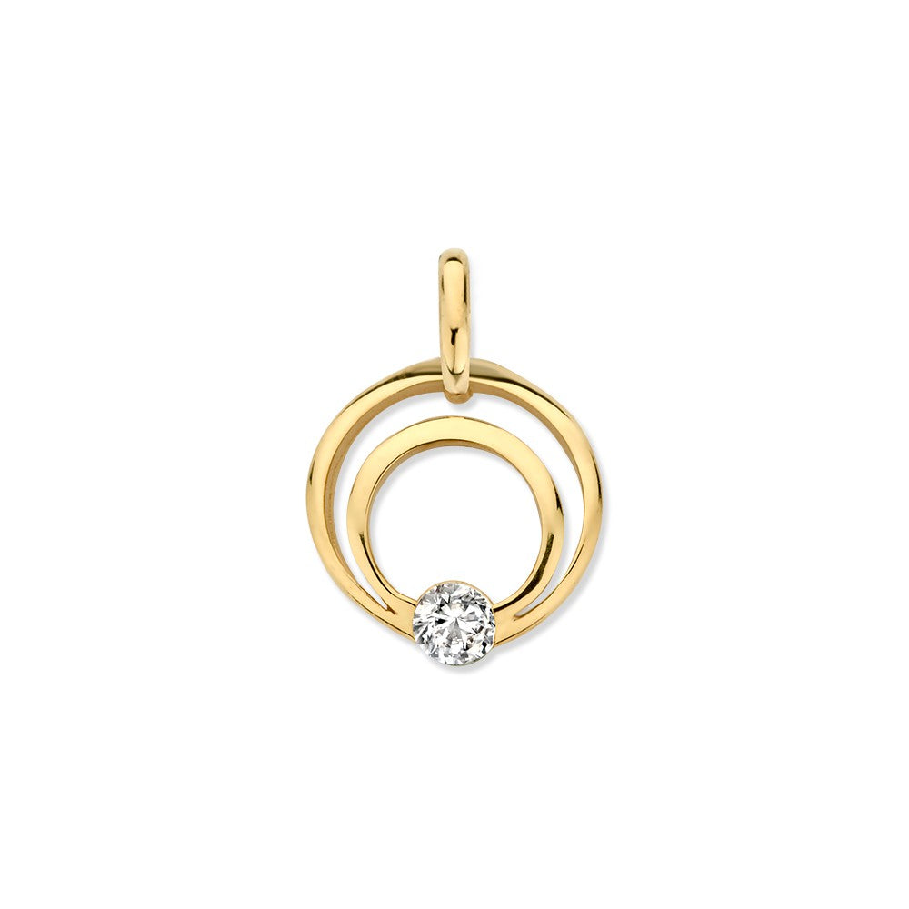 Colgante de oro amarillo de 14K con circonita, con diseño de dos aros entrelazados.