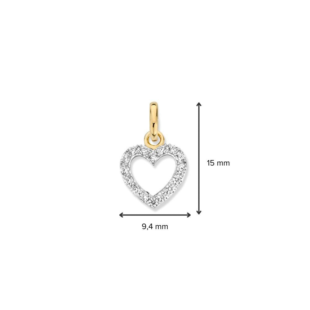 Colgante de corazón bicolor de oro blanco y oro amarillo con circonitas – 14 quilates, 0,5 gramos, 10 mm
