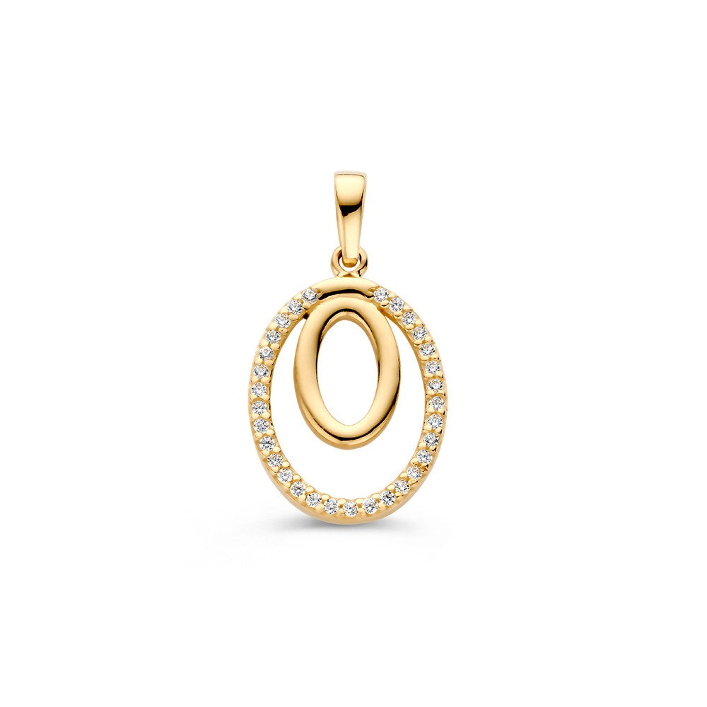 Colgante de oro amarillo de 14 quilates con diamantes, con forma ovalada y detalles brillantes.