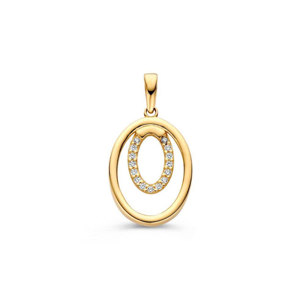 Colgante de oro amarillo de 14 quilates con zirconias, de forma ovalada y diseño elegante.