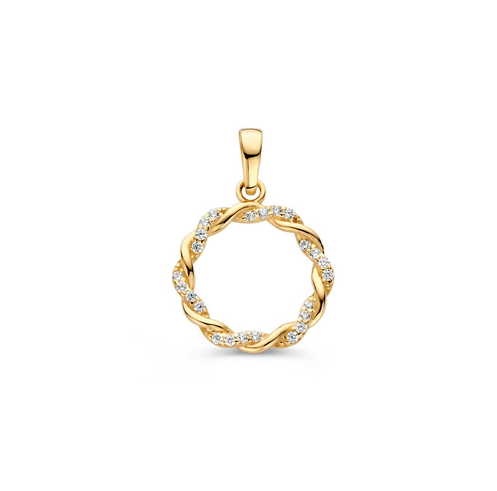 Colgante de oro amarillo de 14K con banda retorcida y circonitas, en forma de círculo.