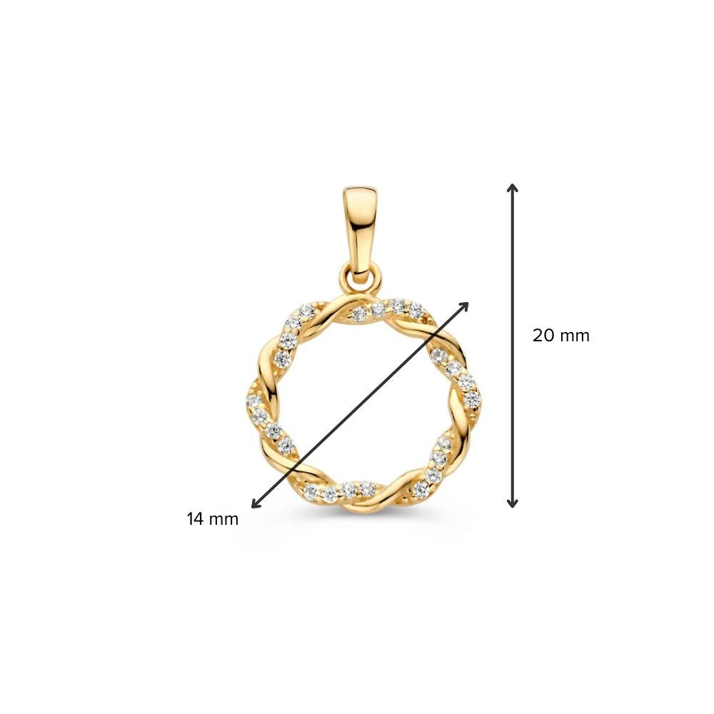 Colgante de oro amarillo de 14K con banda retorcida y circonitas – Colgante circular elegante de mujer