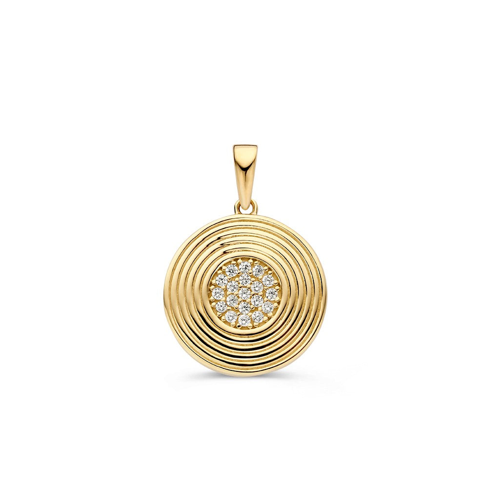 Colgante redondo de oro amarillo con borde trabajado y corazón de circonitas, 14 quilates, 15 mm.
