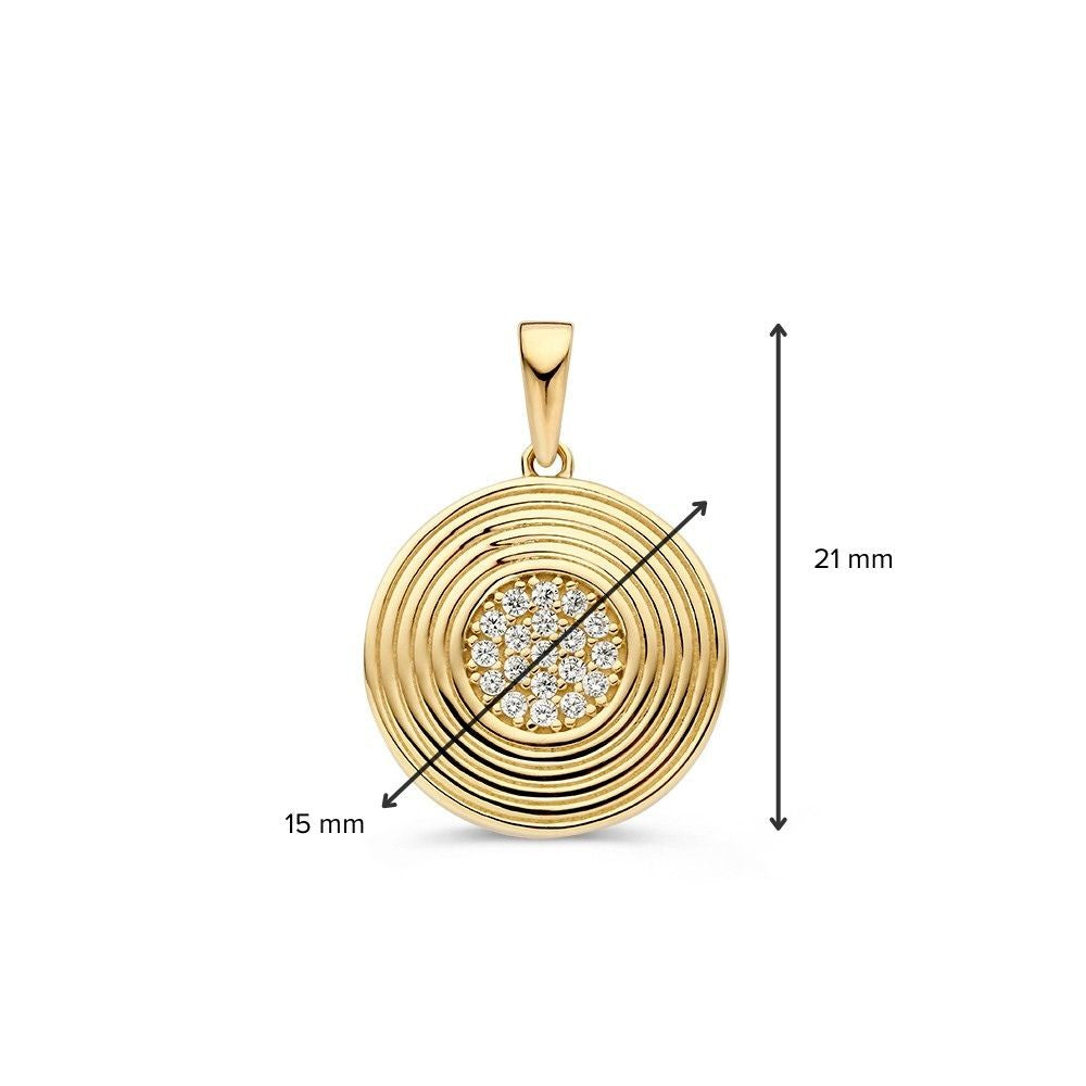 Colgante redondo de oro amarillo con borde trabajado y corazón de circonitas – 14 quilates, 1,6 gramos, 15 mm