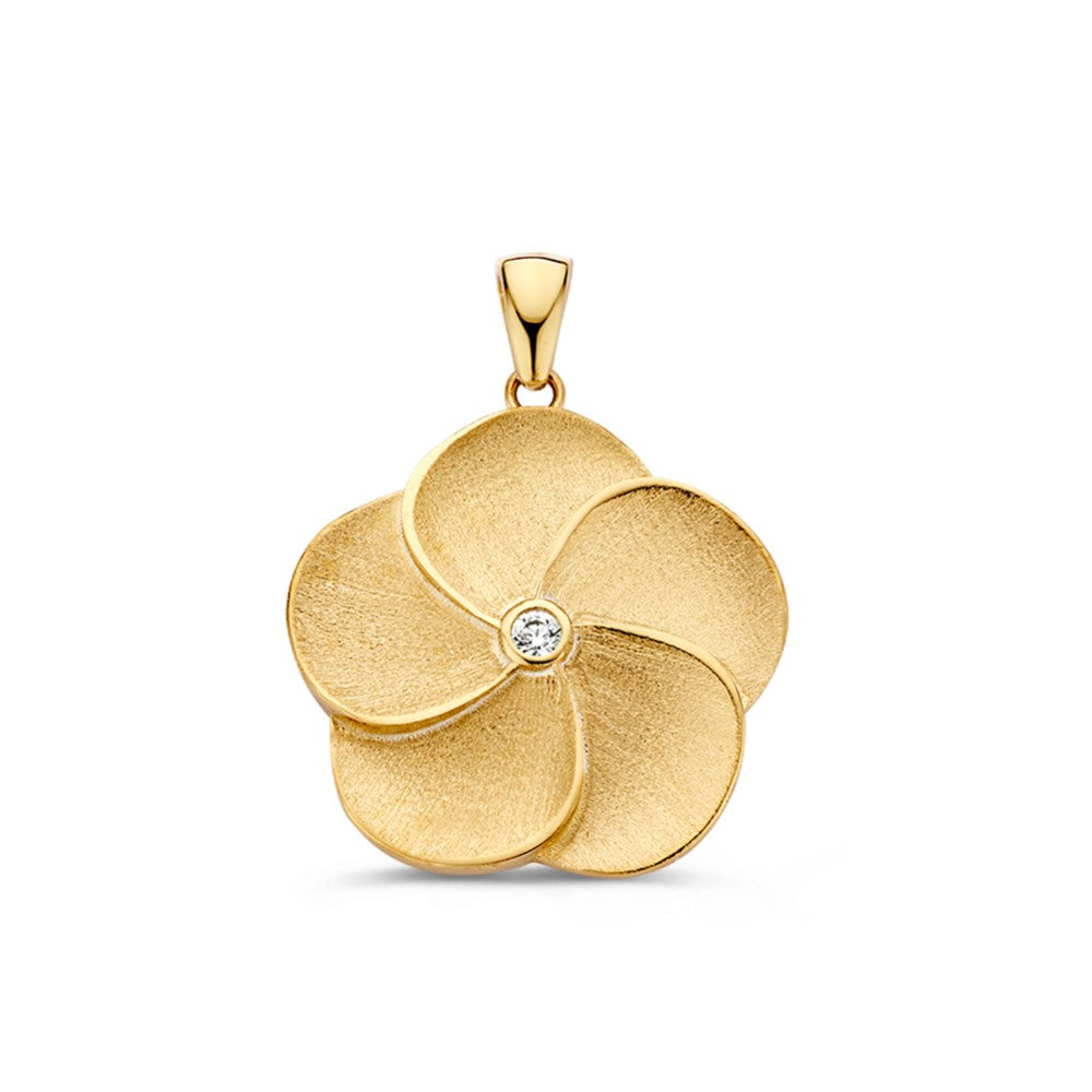 Colgante dorado en forma de flor con acabado mate y una zirconia en el centro.