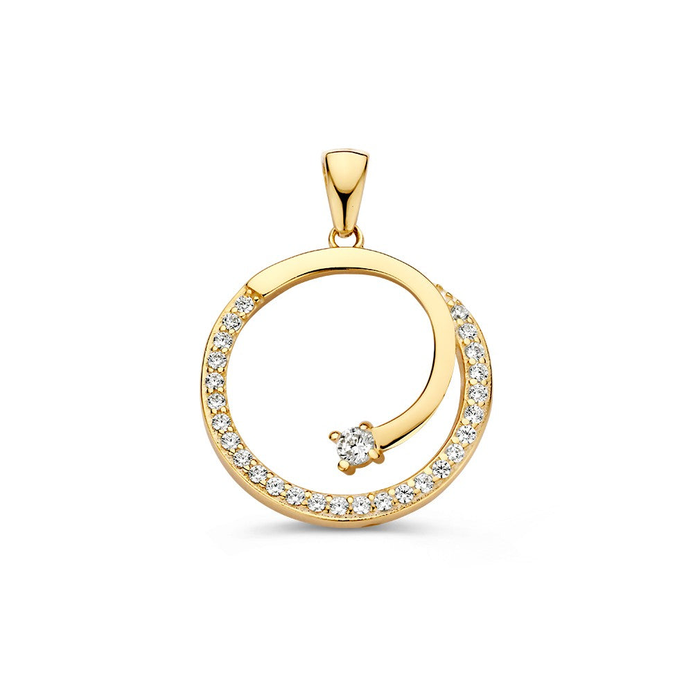 Colgante redondo de oro amarillo con circonitas, diseño juguetón y brillante.