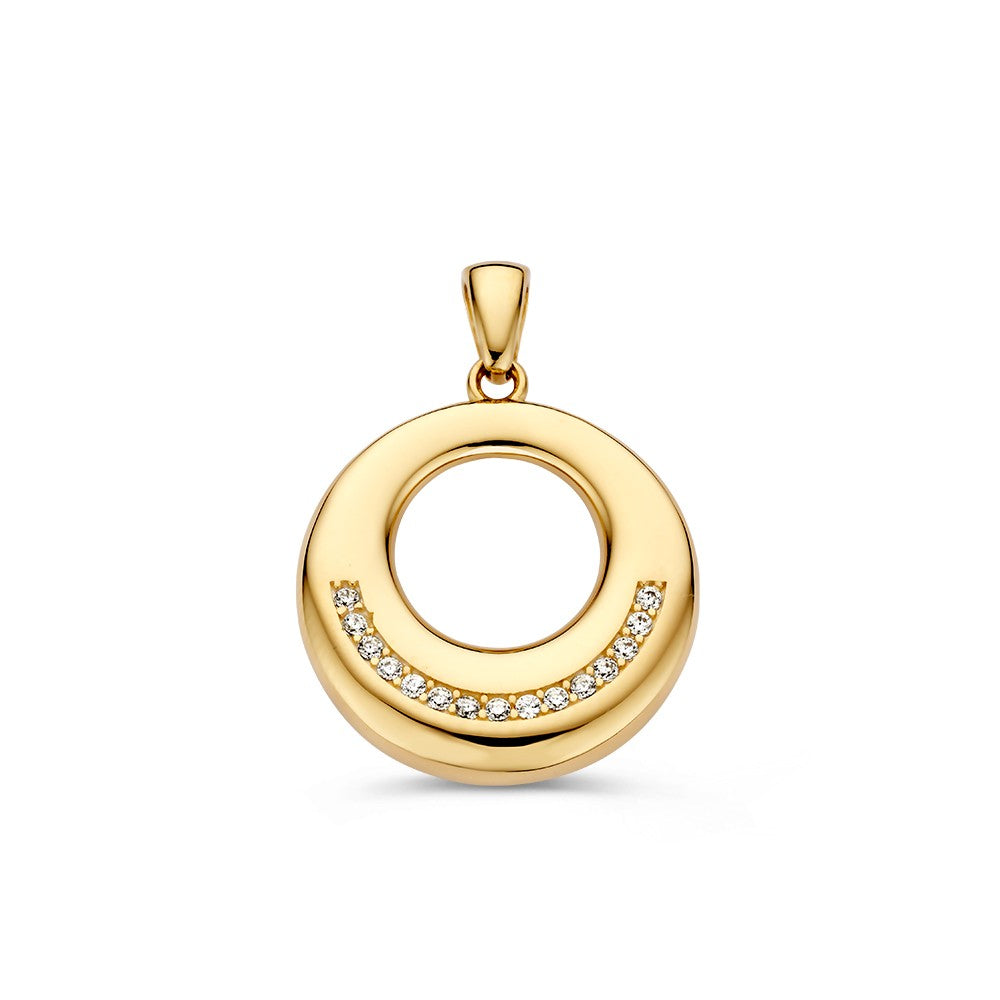 Colgante redondo de oro amarillo con circonitas, diseño elegante y atemporal.