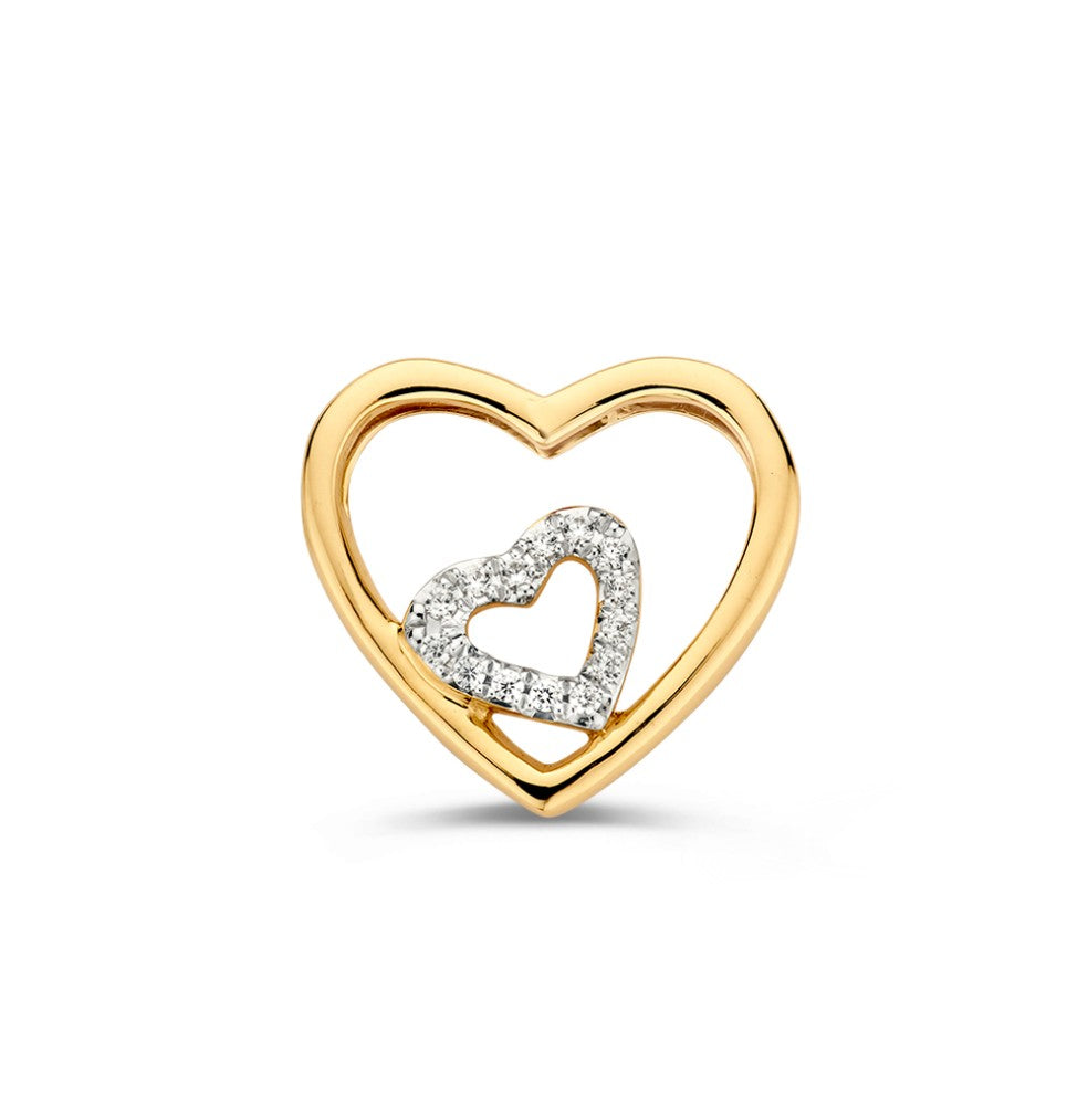 Colgante en forma de corazón dorado con corazones entrelazados y circonitas brillantes.