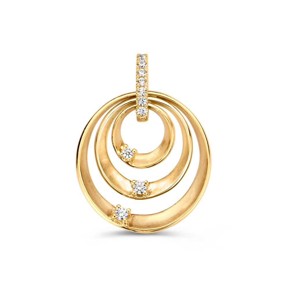 Colgante bicolor de oro blanco y amarillo con circonitas, en forma de círculos concéntricos.