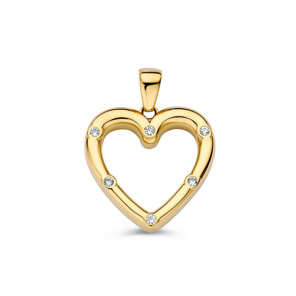 Colgante de corazón en oro amarillo con circonitas brillantes.