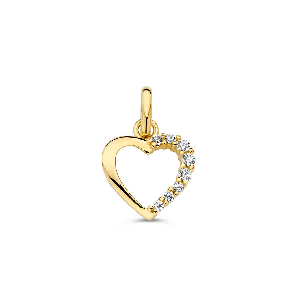 Colgante en forma de corazón de oro amarillo con circonitas brillantes.