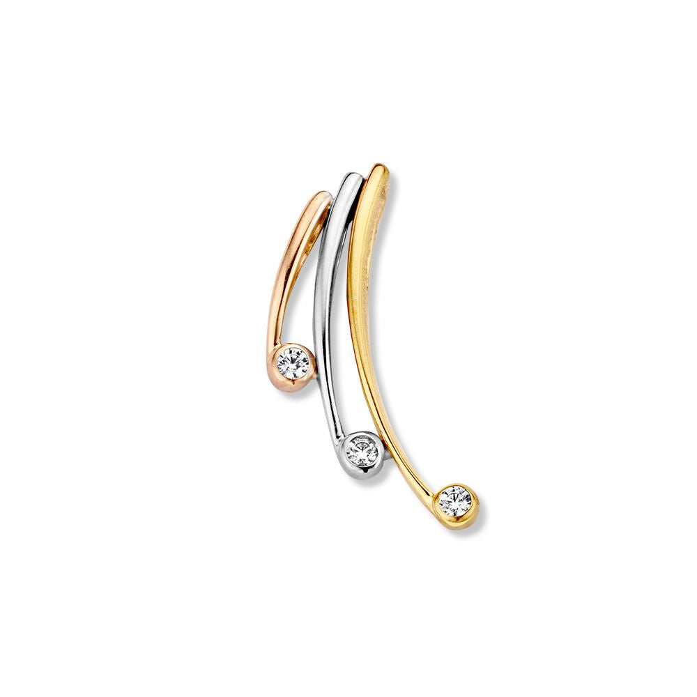Colgante tricolor de oro de 14 quilates con circonitas blancas, diseño elegante y formas curvas.