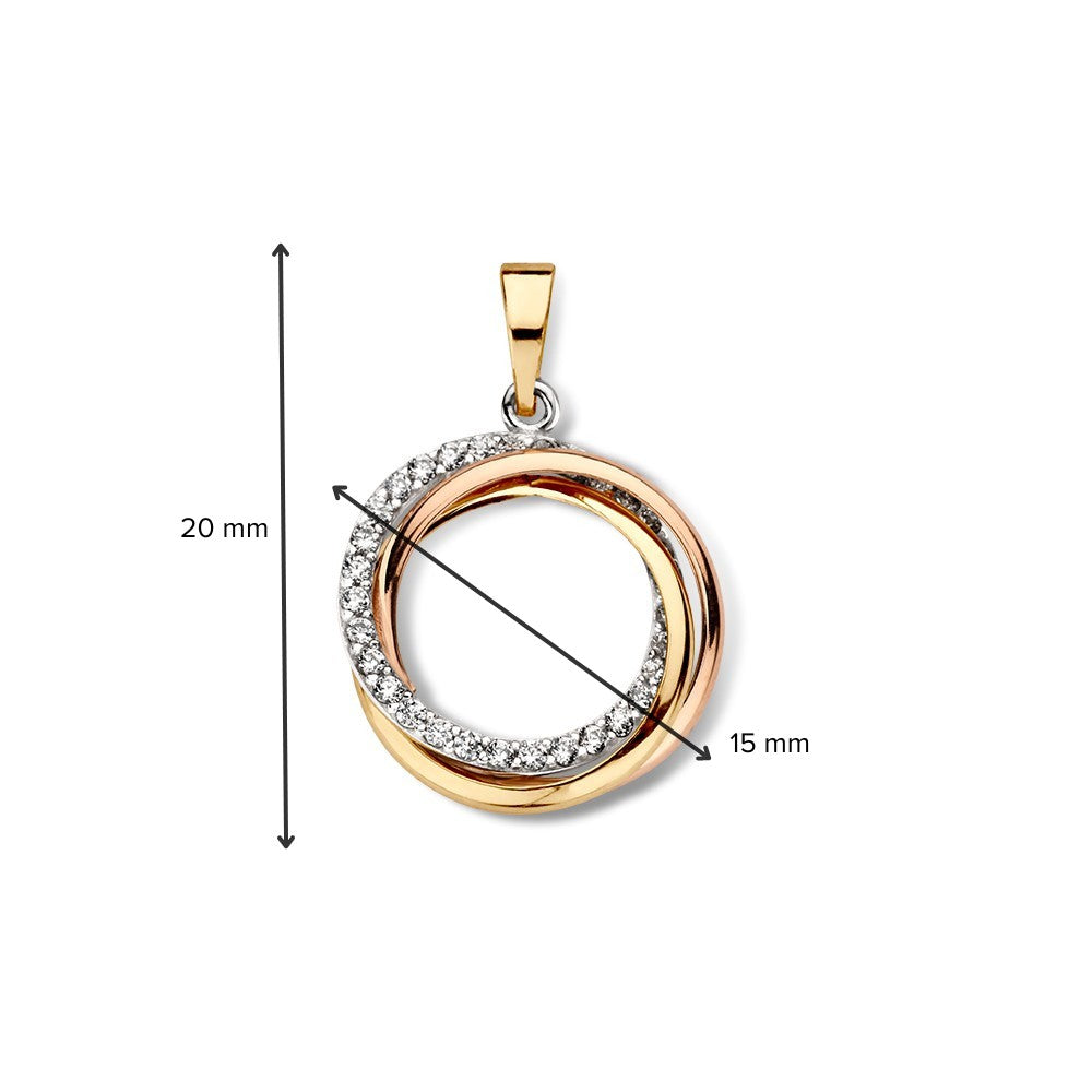 De Excellent Jewelry Tricolor hanger van verbonden cirkels met zirkonia's is een 14 karaat gouden hanger, weegt 1,1 gram en meet 20 mm x 15 mm, met verbonden cirkels bezet met fonkelende zirkonia stenen.