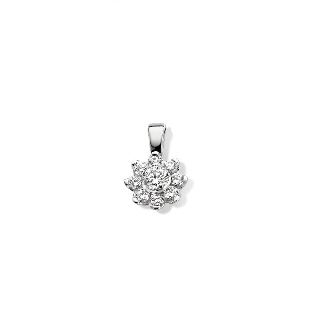 Colgante de oro blanco con diamantes de 0,21 crt en forma de flor, 14 quilates.