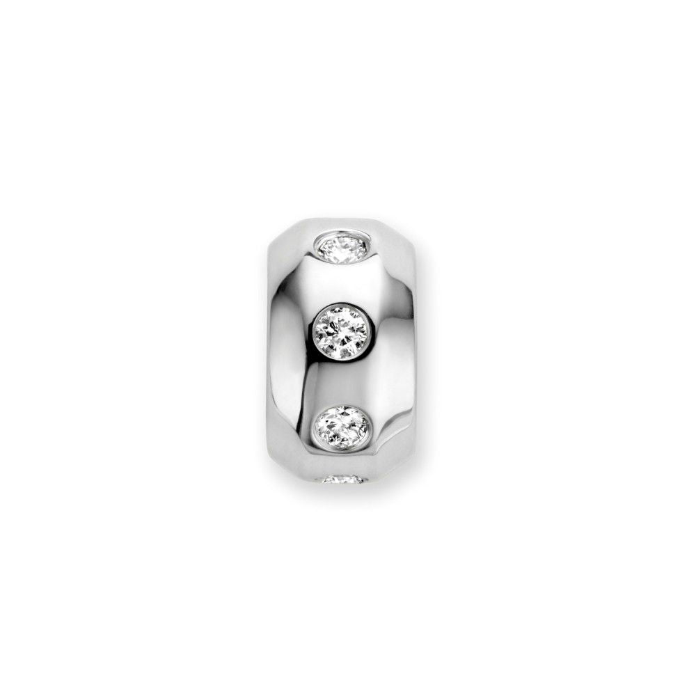 Colgante de oro blanco con brillantes alrededor, 0.25 crt, acabado pulido y forma cilíndrica.