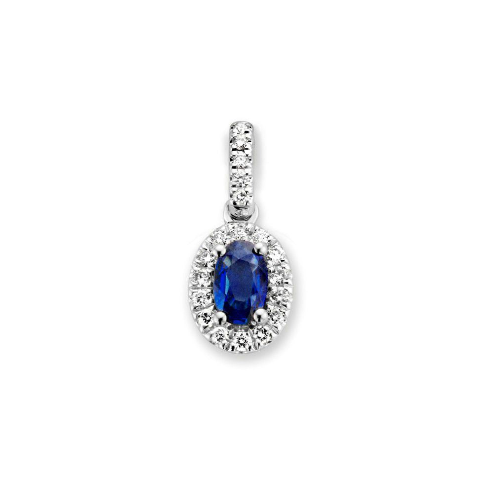 Colgante clásico de oro blanco con zafiro azul y diamantes de 0.10 crt, forma ovalada.