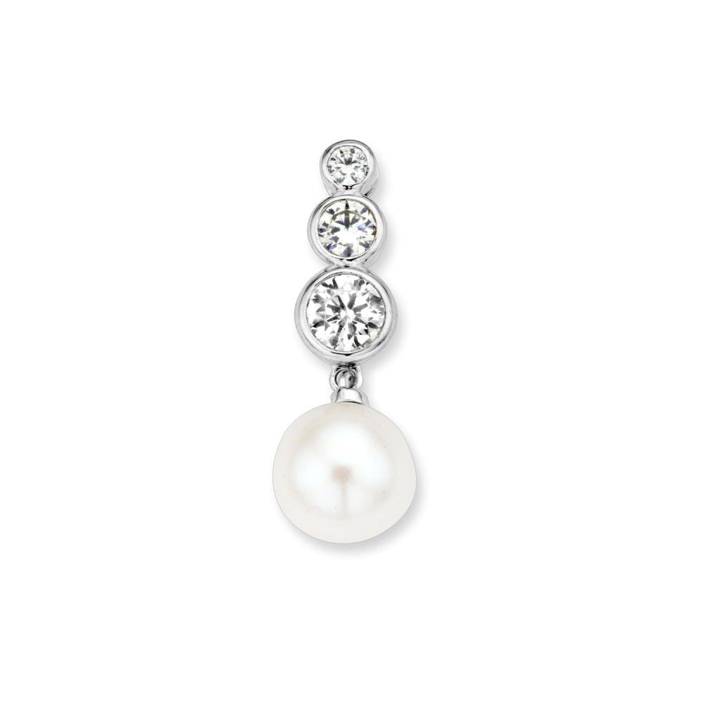 Colgante de oro blanco con perla de agua dulce y circonitas, forma alargada de 21 mm.