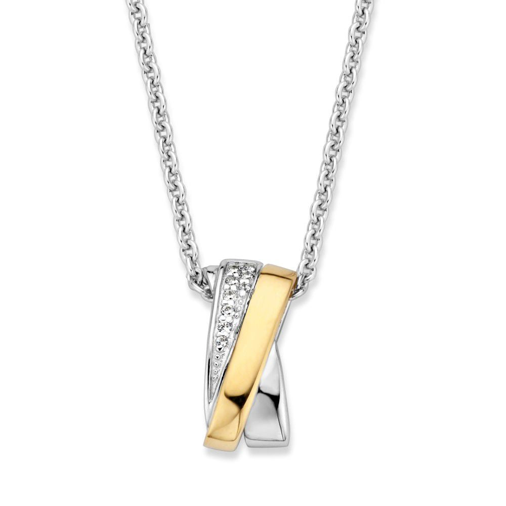 Colgante de plata y oro con circonitas blancas, forma entrelazada, tamaño de 17 mm.