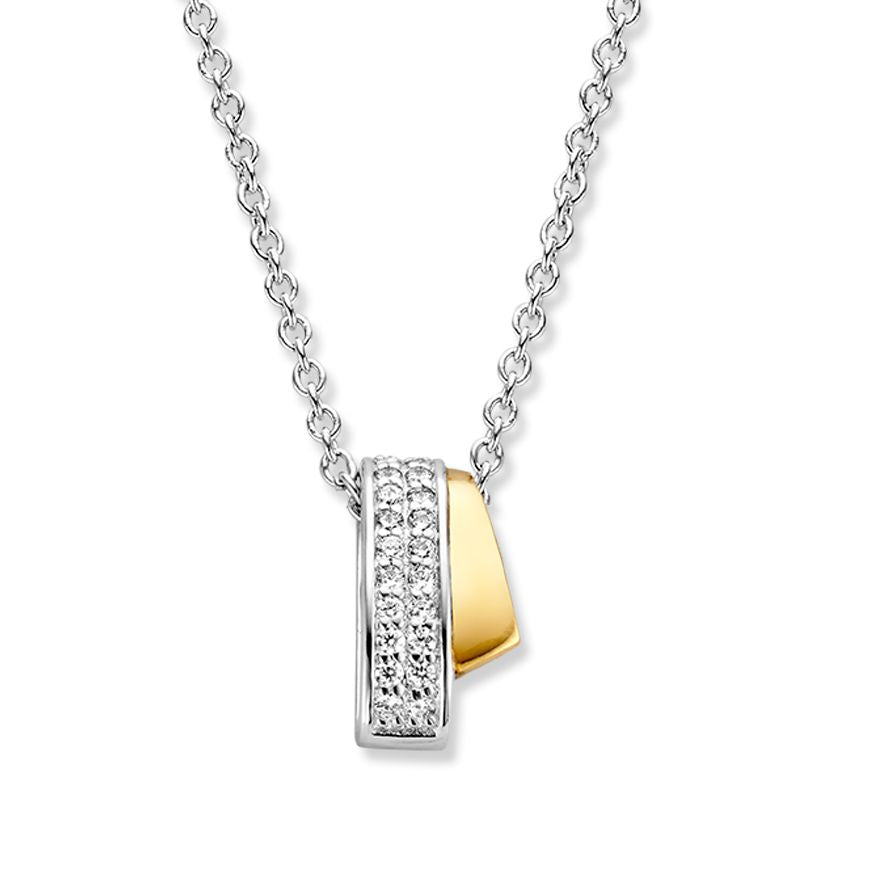 Colgante plateado y dorado con circonitas blancas, forma rectangular, 16 mm.