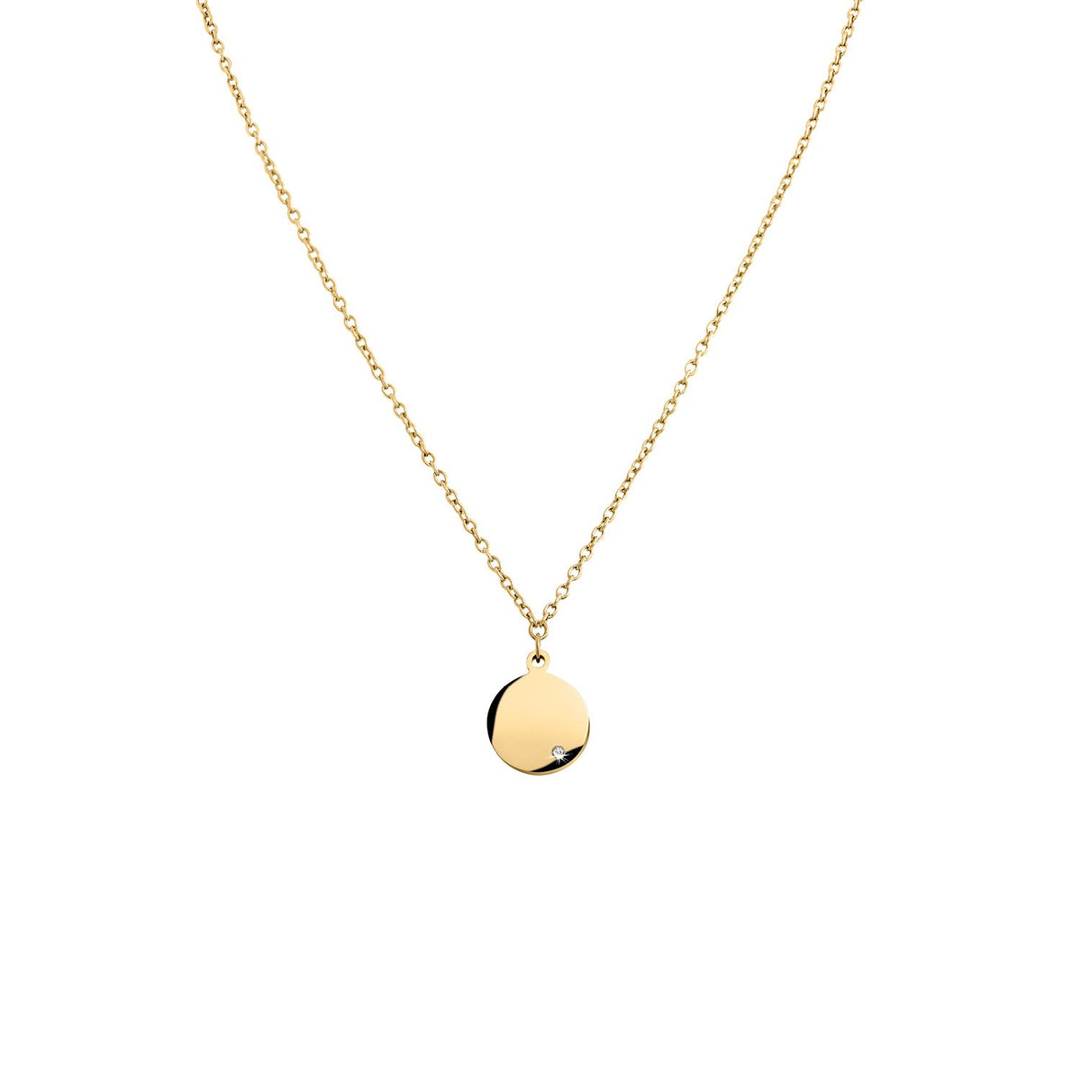 Collar de titanio con colgante redondo dorado y cadena fina.