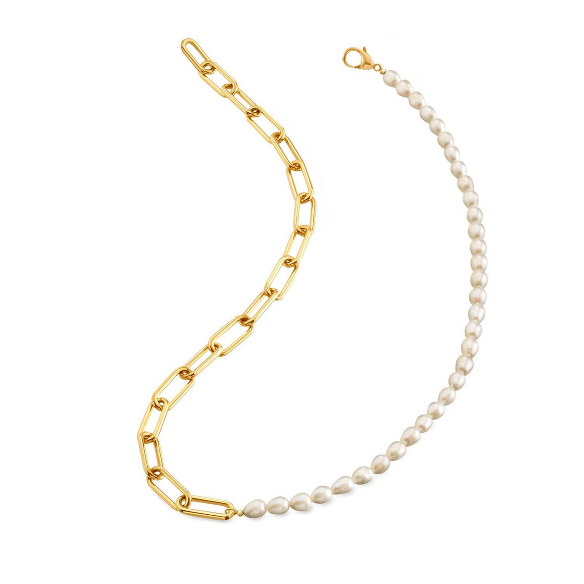 Collar de titanio dorado con eslabones y perlas blancas.