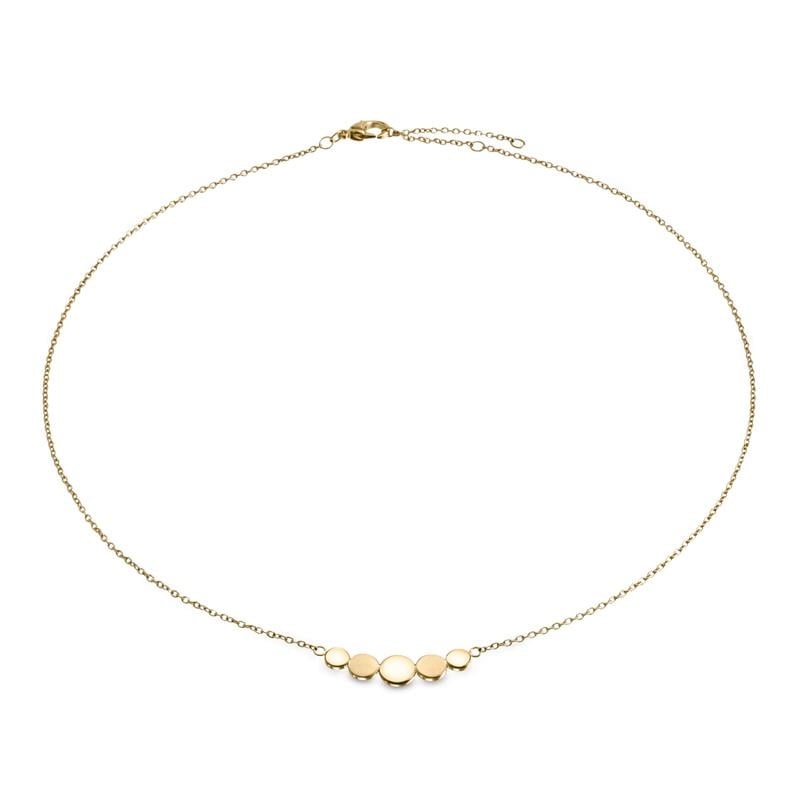 Collar de titanio con cinco discos dorados en el centro y cadena delicada.