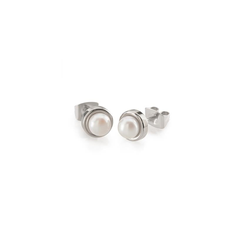 Pendientes de titanio con perla, diseño redondo y acabado brillante.