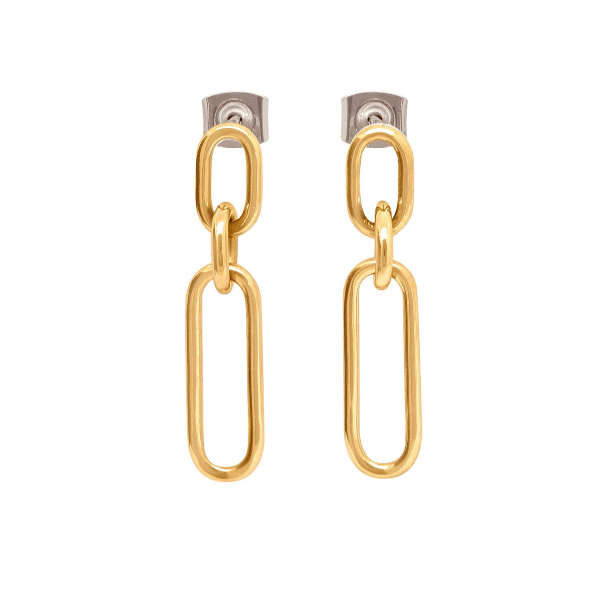 Pendientes largos de titanio dorado con forma de eslabones entrelazados.